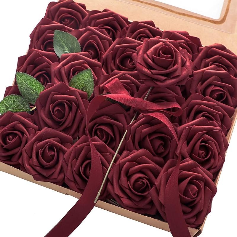 Floroom Artificial Flowers 25pcs Real Looking Burgundy Foam Fake Roses with Stems for DIY Wedding Bouquets Red Bridal