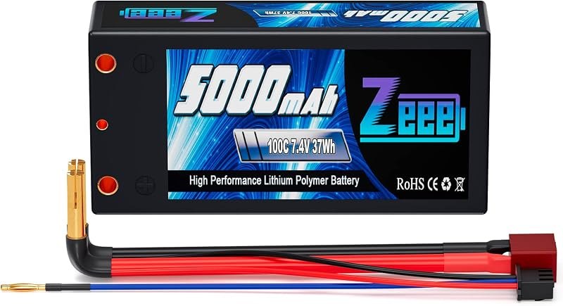 Zeee 2S Shorty Lipo Battery 5000mAh 7.4V 100C Hard Case with 4mm Bullet to T Connector for RC 1/10 Scale Vehicles Car