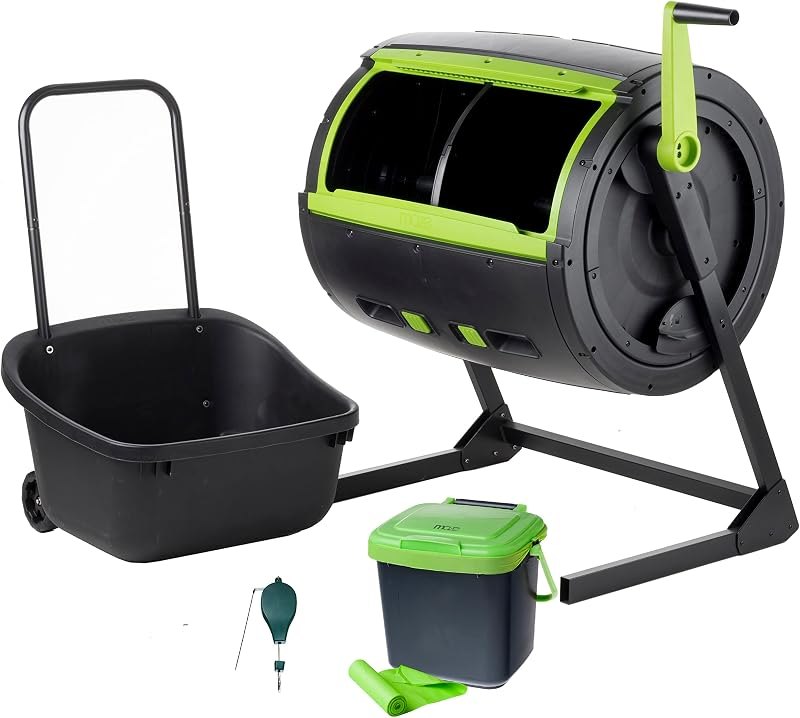 MAZE Two Stage 65 gal Compost Tumbler with Large Double Doors and Open Frame and Comes with Maze Compost Cart, 1.85