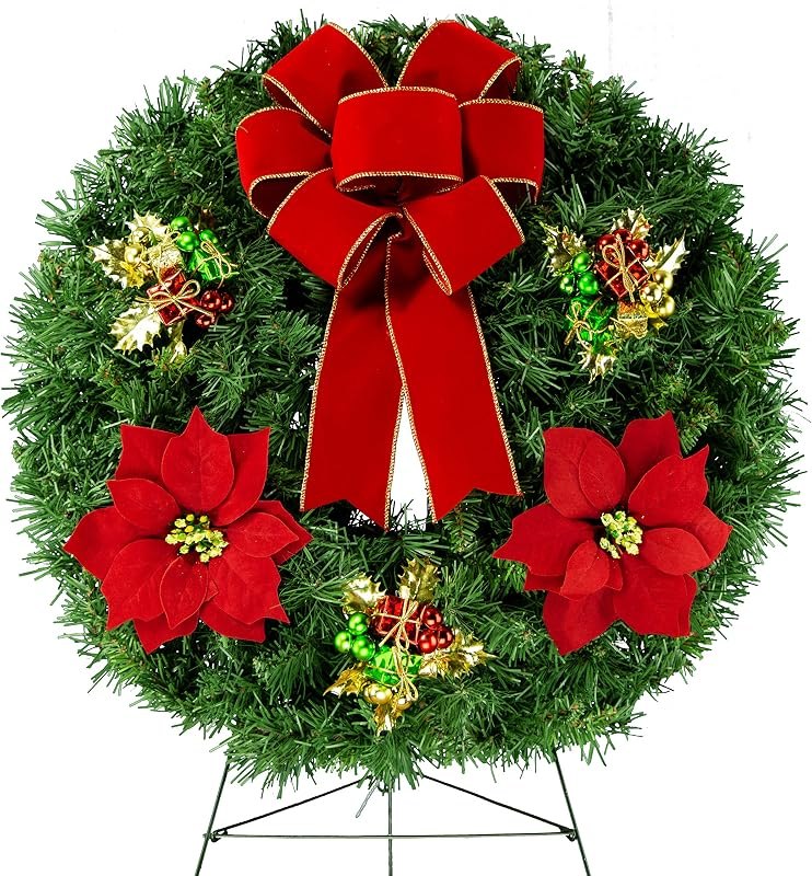 Christmas Memorial-Wreath Decoration - Red Poinsettias & Holiday Ornaments with Hand-Tied Red Velvet Bow on 30 Inch
