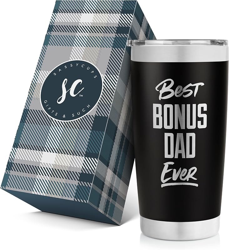 SassyCups Stainless Steel Travel Mug, Best Bonus Dad Ever - 20 oz Insulated Coffee Tumbler — 20 oz travel tumbler for
