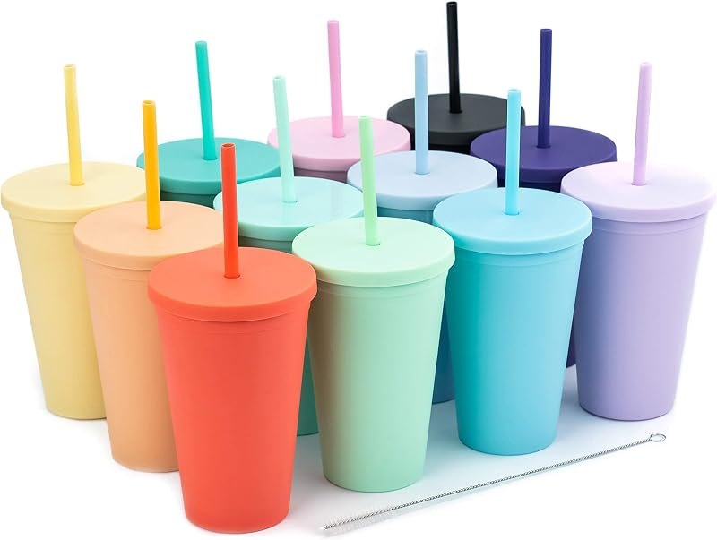 Tumblers with Lids (12 pack) 16oz Colored Acrylic Cups with Lids and Straws — 16 oz skinny tumbler for skinny tumbler
