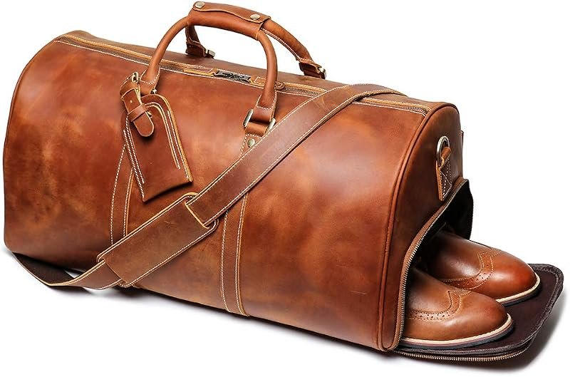 Leather Travel Duffel Bag, Mens Classic Gift Leather Weekend Bag Overnight Full Grain Retro Sport Gym Carry on Luggage