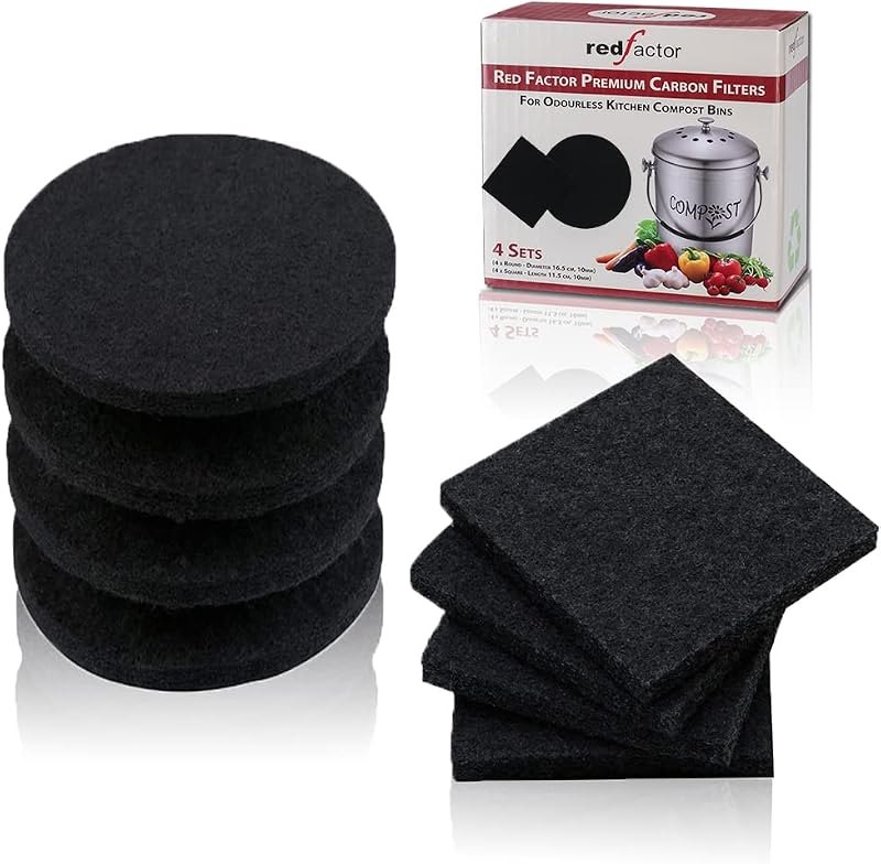 RED FACTOR 8 Pack Extra Thick Charcoal Filters for Kitchen Compost Bins - Activated Carbon Replacement Filters for