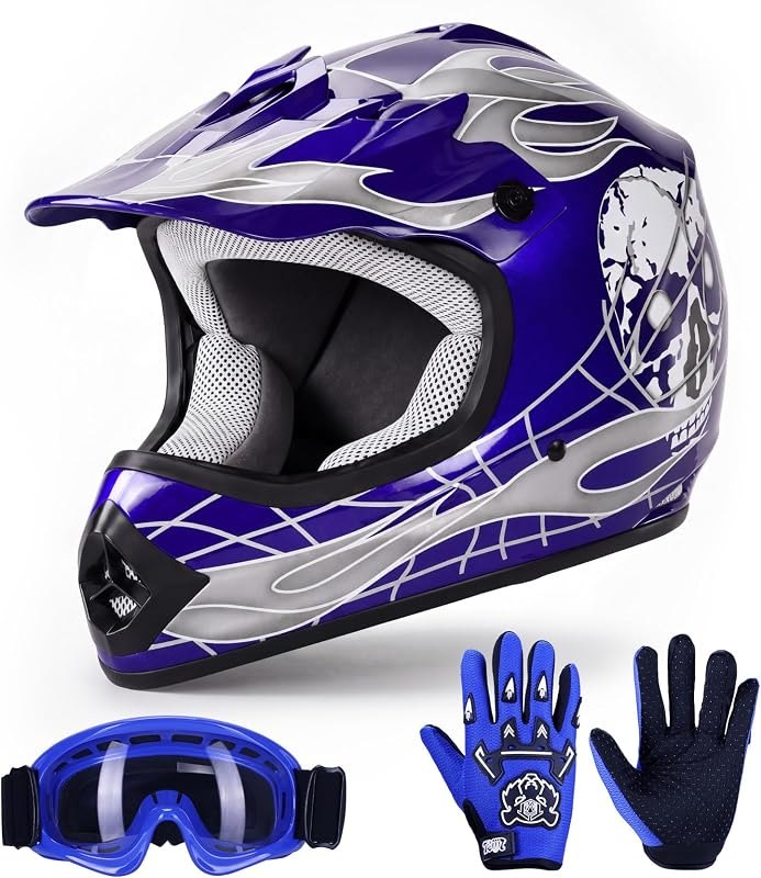 TCT-MOTORPARTS DOT Kids Youth Motocross Helmets ATV Off-Road Dirt Bike Motorcycle Full Face Blue Skull