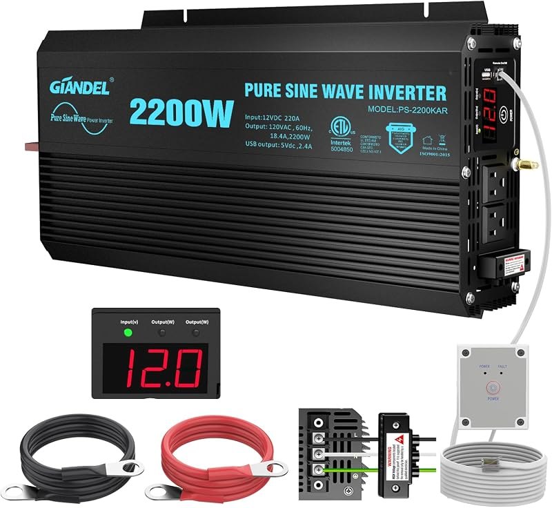 GIANDEL Pure Sine Wave Power Inverter 2200Watt ETL UL458 Listed DC 12V to 120 Vac with 20 Amps Hardwire Blocks & 15FT