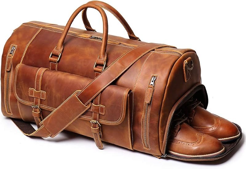 Leather Travel Duffel Bags, Mens Classic Gift Carry on Bag Leather Weekend Bag Full Grain Overnight Luggage YKK Zipper