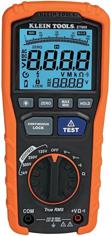 Klein Tools ET600 Multimeter, Megohmmeter Insulation Tester, 4000 Ohms Resistance, 125V/250V/500V/1000V, Auto-Ranging