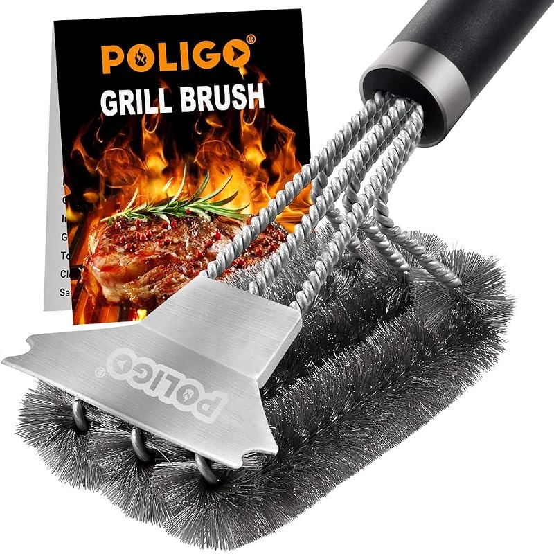POLIGO Safe Grill Brush and Scraper with Deluxe Handle - 18" Grill Cleaner Brush Stainless Steel Bristle Grill Brush