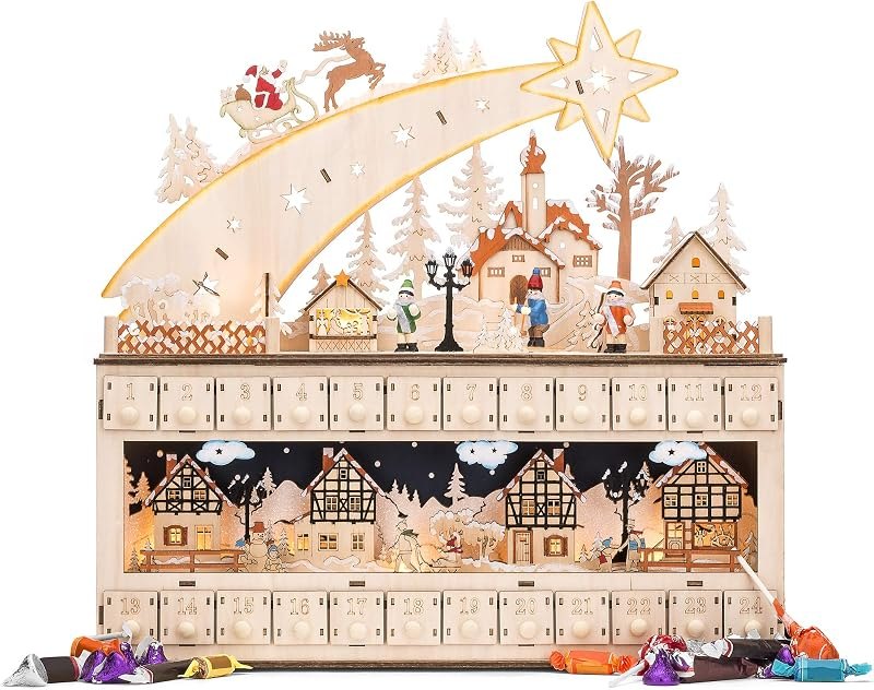 Best Choice Products Wooden Christmas Advent Calendar, Shooting Star Holiday Decoration w/Battery-Operated LED Light