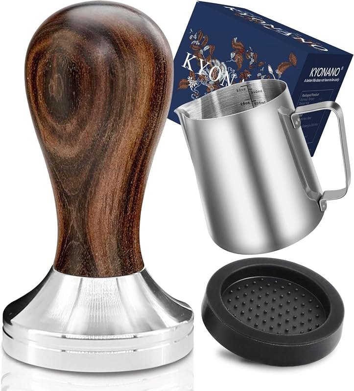 KYONANO Espresso Tamper 51mm - Tamper with Chacate Preto Wood Handle - Coffee Tamper plus Milk Frothing Pitcher 350ml