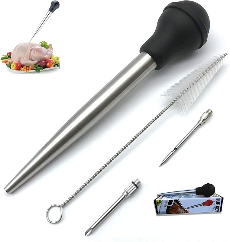 Turkey Baster for Cooking, Stainless Steel Turkey Baster Syringe with Cleaning Brush and Marinade Injector, Black —