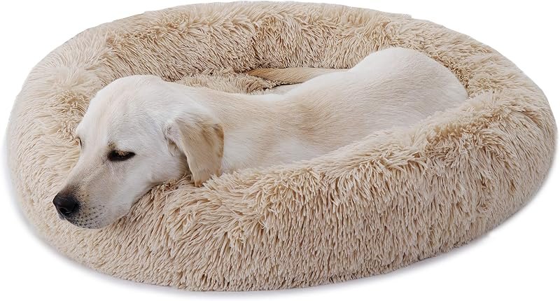 Donut Dog Bed Calming Ultra Soft Shag Faux Fur Dog Bed Comfortable Donut Cuddler for Dogs and Cats,Self Warming and