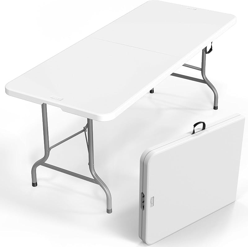 VINGLI 6 Foot Plastic Folding Table Portable Long Table for Indoor Outdoor Use Rectangular with Carrying Handle