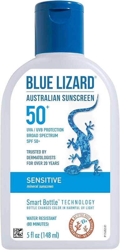 BLUE LIZARD Sensitive Mineral Sunscreen with Zinc Oxide, SPF 50+, Water Resistant, UVA/UVB Protection with Smart