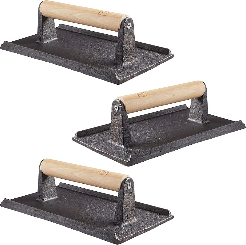 Pro Grade, Pre Seasoned Cast Iron Grill Weight 3Pk. Heavy Duty Steak and Burger Press with Wooden Handle for Grills