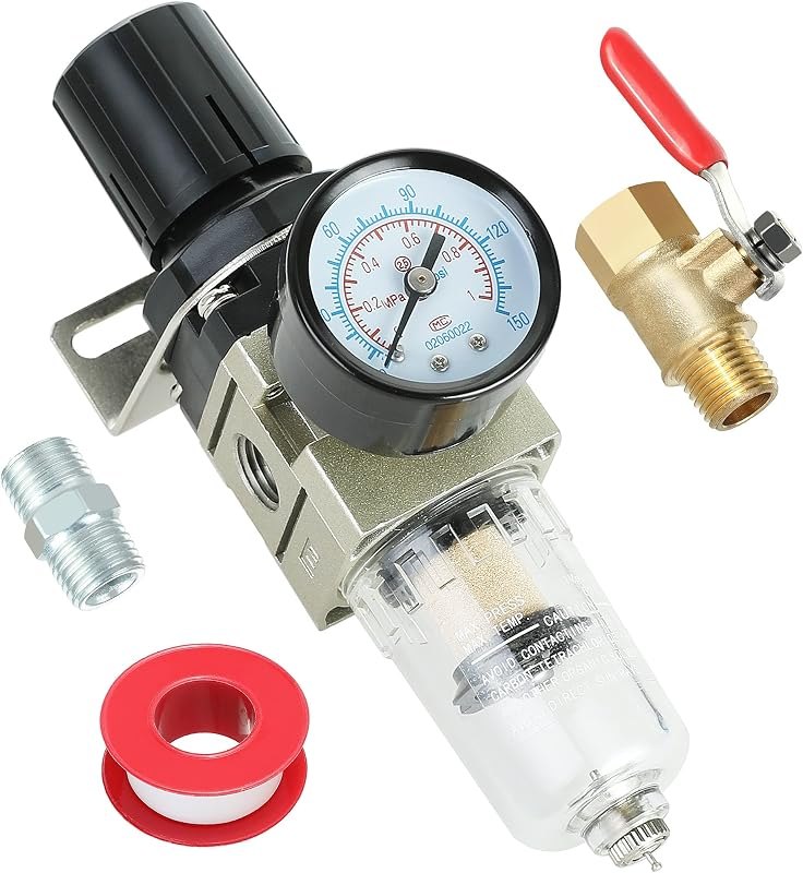 Hromee 1/4 Inch Air Compressor Filter Regulator Combo, Water Oil Separator with Pressure Gauge, Manual Drain, Ball