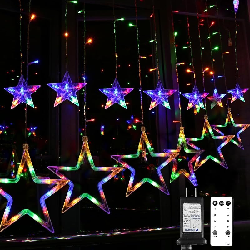 Blingstar Star Curtain Lights 138 LED 12 Star Multicolor Christmas Lights 8.2 Ft Connectable Window Lights with Remote