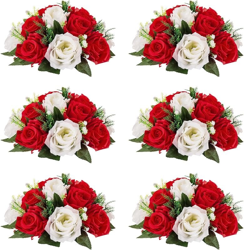 NUPTIO Pcs of 6 Fake Flower Ball Arrangement Bouquet,15 Heads Plastic Roses with Base, Suitable for Our Store's