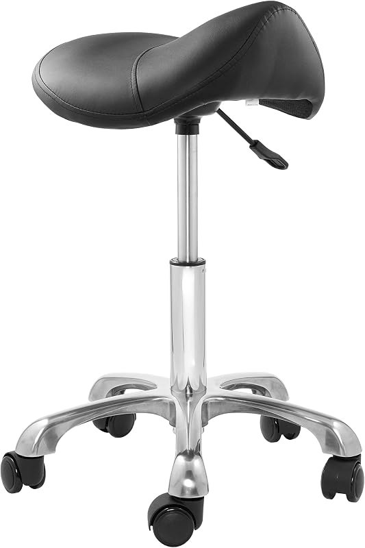 Saloniture Professional Ergonomic Saddle Stool, Black - Adjustable Hydraulic Seat, Rolling Spa Salon, Massage, and