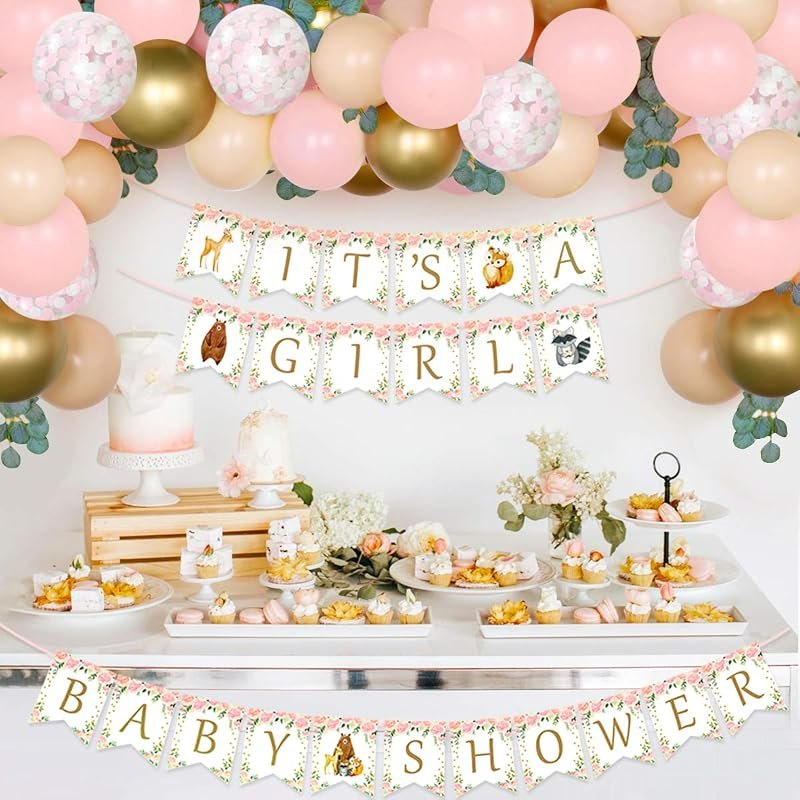 Woodland Baby Shower Decoration Pink Gold Woodland It’s a Girl Banner Balloon Garland Forest Animal Decorations for