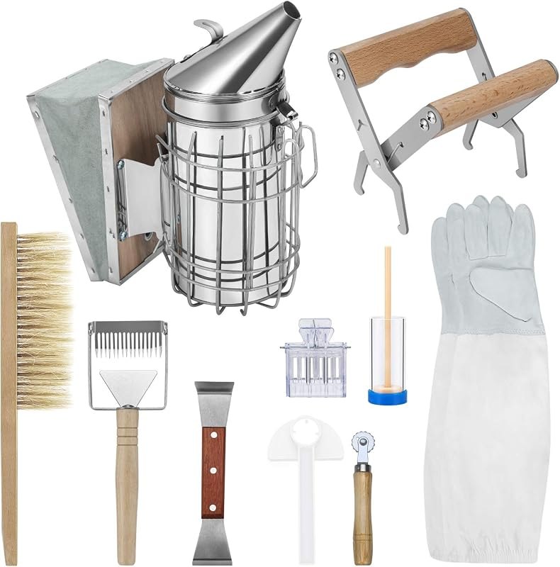 Flexzion Bee Keeping Starter Kit - 10 Piece Beekeeping Tools & Bee Keeping Supplies-All Set with Smoker, Frame Holder