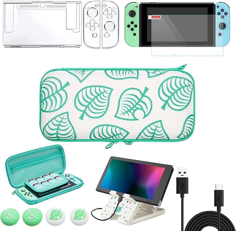 Switch Accessories Bundle for Animal Leaf Crossing, Switch Carrying Case with Playstand & Screen Protector & 4 Thumb