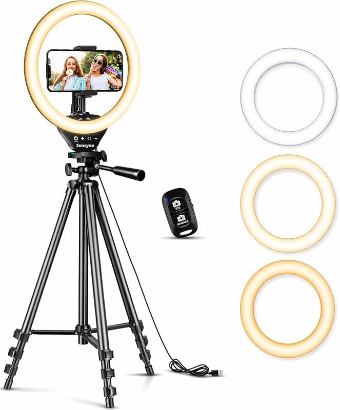 SENSYNE Ring Light with Stand, 50" Phone Tripod with Wireless Remote — 10 inch ring light for inch ring light