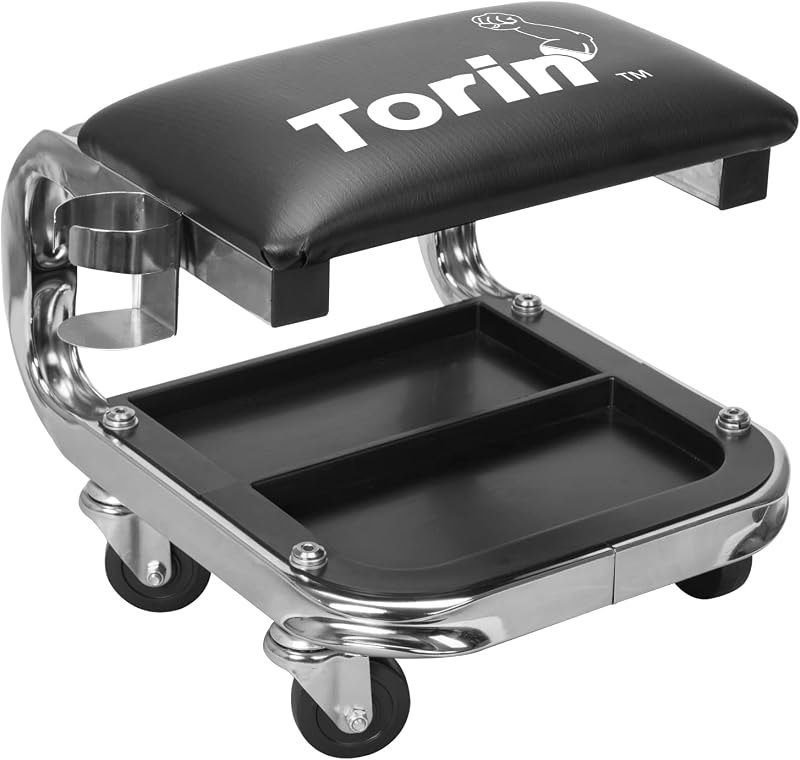 AR7451B Torin Heavy Duty Rolling Creeper Garage/Shop Seat: Padded Mechanic Stool with Tool Tray Storage and Cup