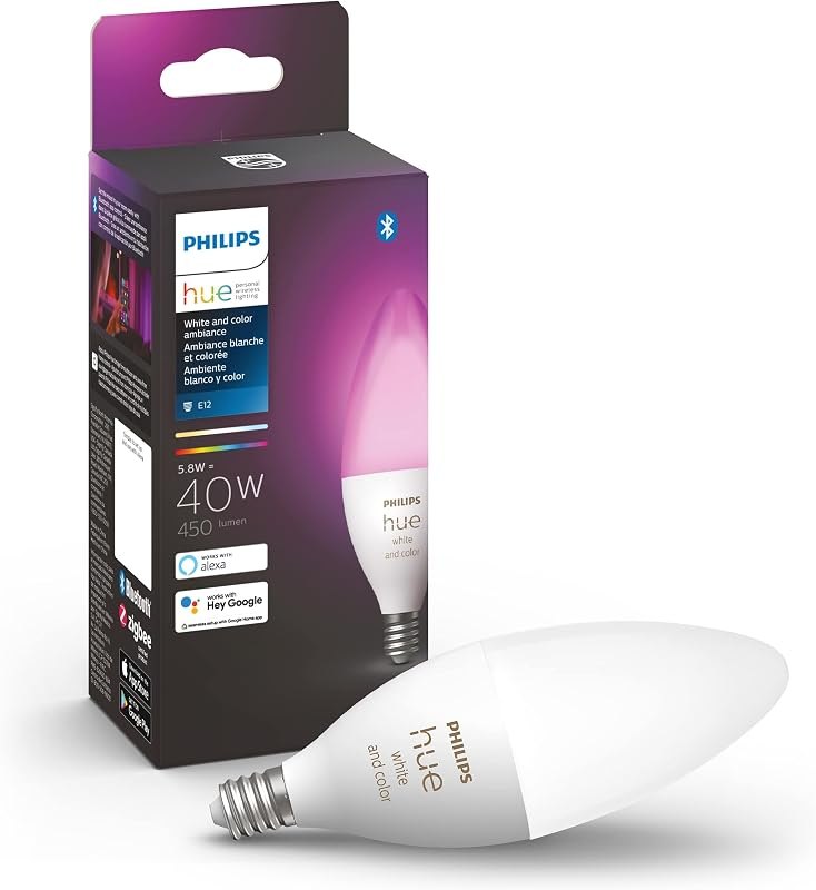 Philips Hue Smart 40W B39 Candle-Shaped LED Bulb - White and Color Ambiance Color-Changing Light - 1 Pack - 450LM -