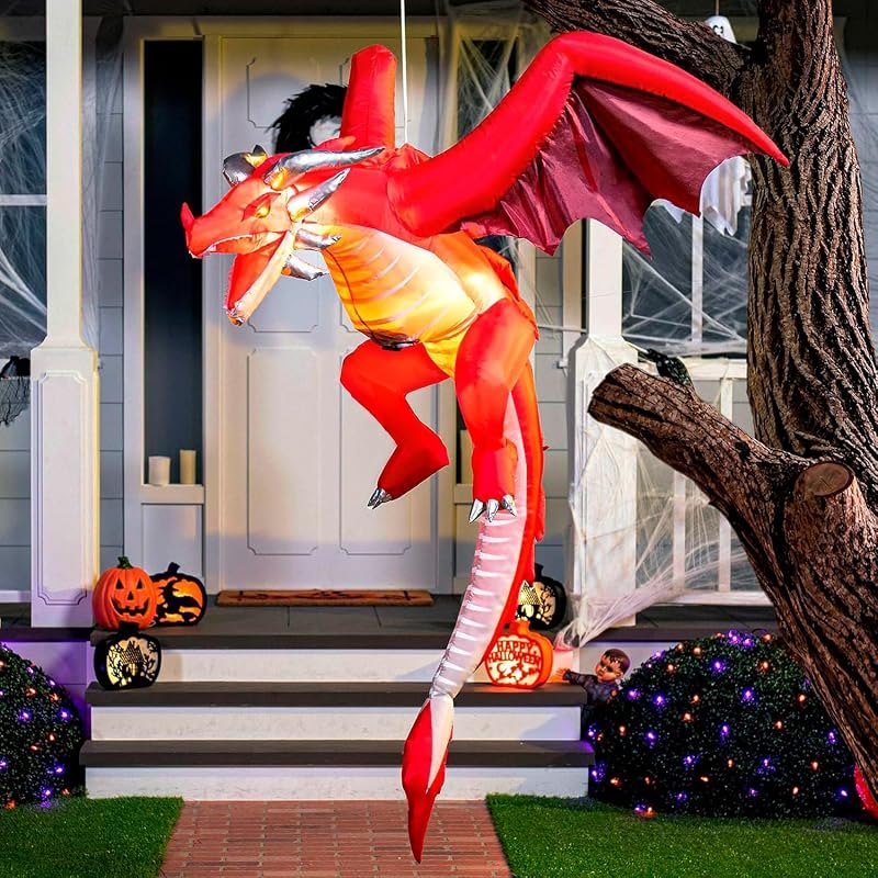 Joiedomi 5 FT Tall Halloween Inflatable Hanging Fire Dragon Decor with Build-in LEDs, Inflatable Blow Up Flying Dragon