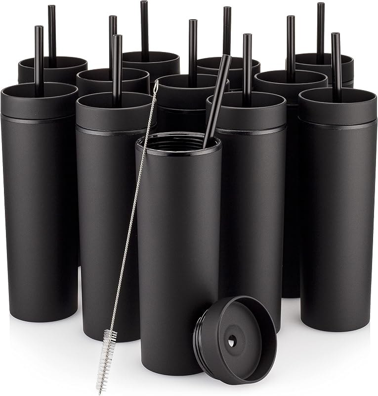 STRATA CUPS Black Skinny Tumblers with Lids and Straws (12 pack) - 16oz Double Wall Acrylic Tumbler, Tall Matte Skinny