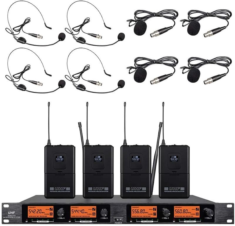 Frequency B Wireless Microphone System 4 Channel 4 Lavalier 4 Bodypacks 4 Lapel Mic 4 Headsets UHF for Karaoke System