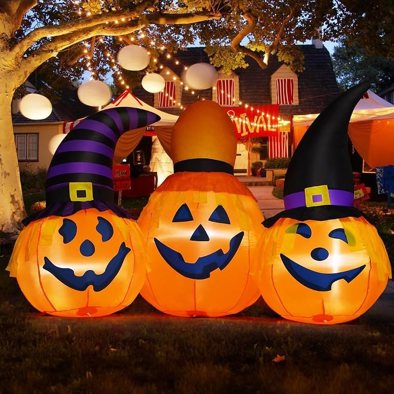 GOOSH 6 FT Halloween Inflatables Outdoor Pumpkin Combo with Wizard hat Blow Up Yard Decoration with LED Lights
