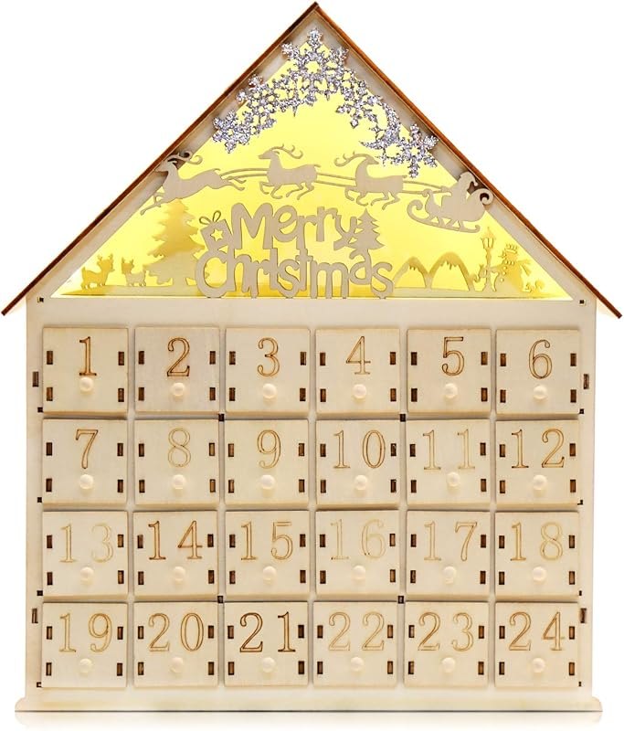 CCINEE Christmas Wooden Advent Calendar with LED Light 24 Storage Drawers Christmas Countdown Calendar for Holiday