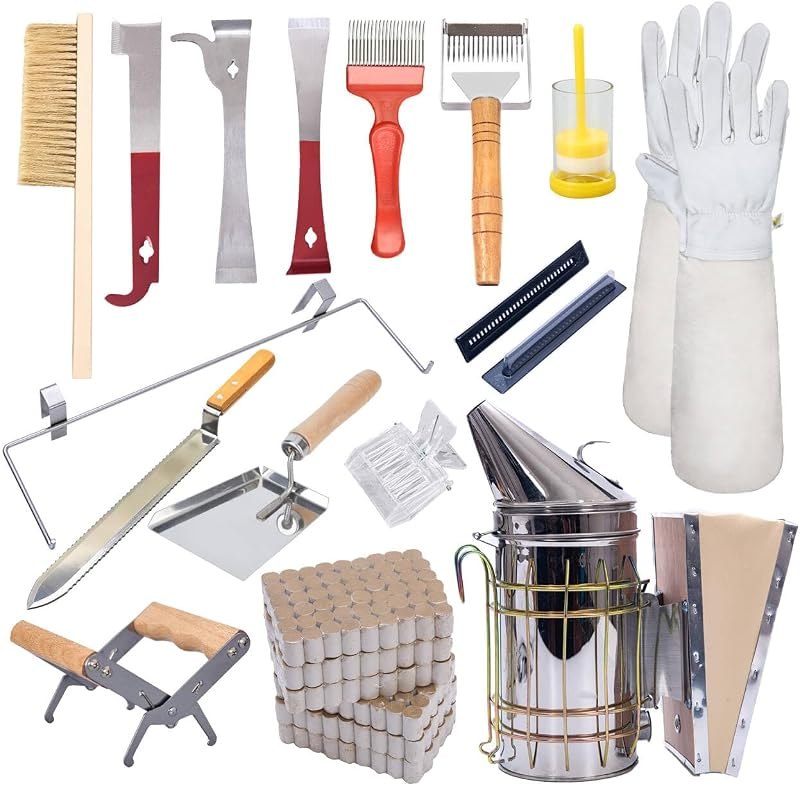 POLLIBEE 22 Pcs Beekeeping Tools, Bee Hives Starter Kit Beekeeping Supplies, Equipment with Bee Smoker for Beekeeping