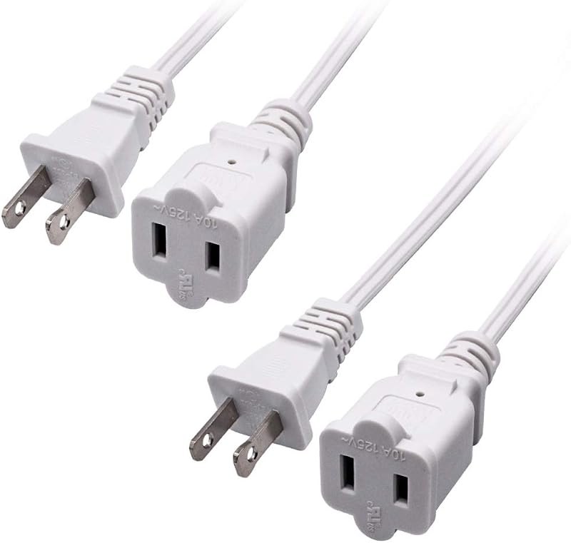 2-Pack Indoor Extension Cord 10FT,2 Prong Extension Cords White,US Male/Female Short Power Cable, UL Listed Perfect