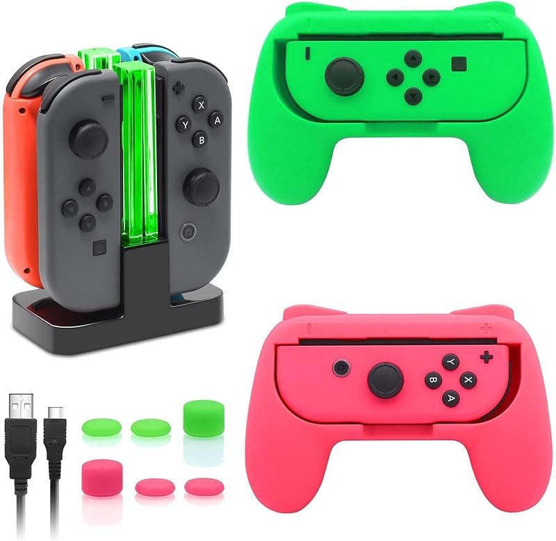 FastSnail Charging Dock and 2 Pack Switch Grips Kit for Nintendo Switch Joy Con & OLED Model, Charger Stand Station