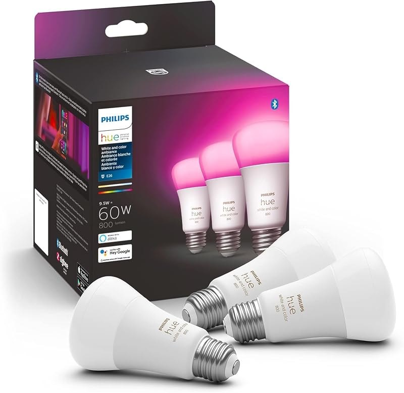 Philips Hue A19 LED Smart Light Bulb - White and Color Ambiance - 60W Indoor Light Bulb - Control with Hue App - Works