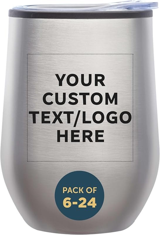 DISCOUNT PROMOS Custom Stemless Wine Tumblers 12 oz. Set of 6/12/24, Personalized Bulk Pack - Insulated, Perfect for