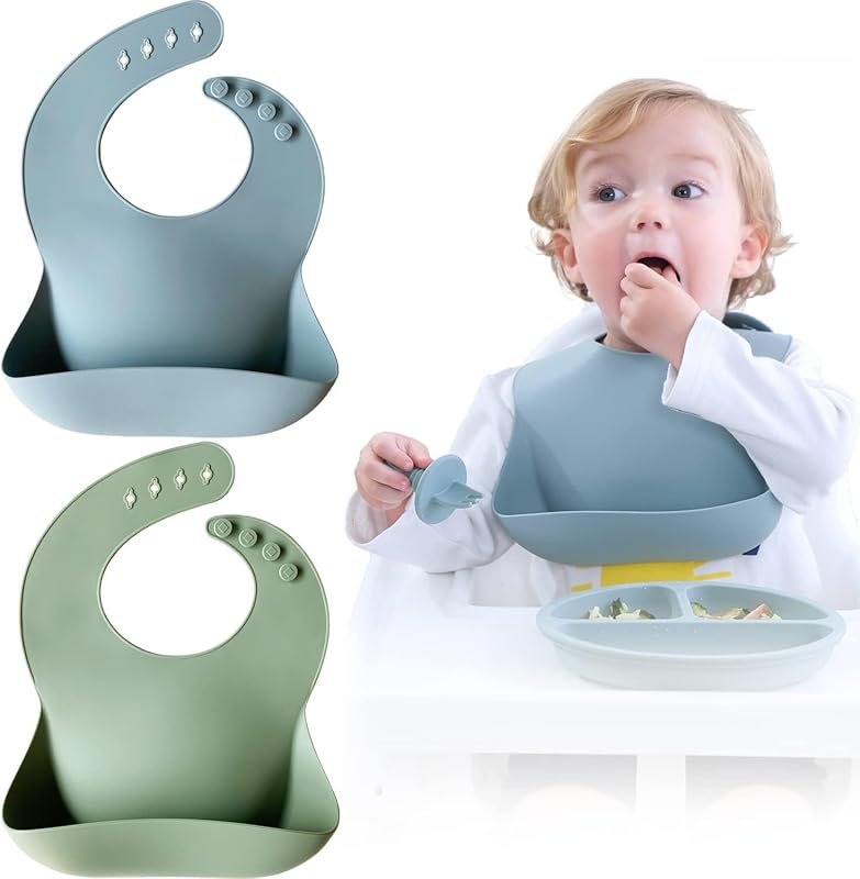 Moonkie Silicone Baby Bibs Set of 2, BPA Free Waterproof Baby Bibs for Eating, Soft Adjustable Silicone Bibs for