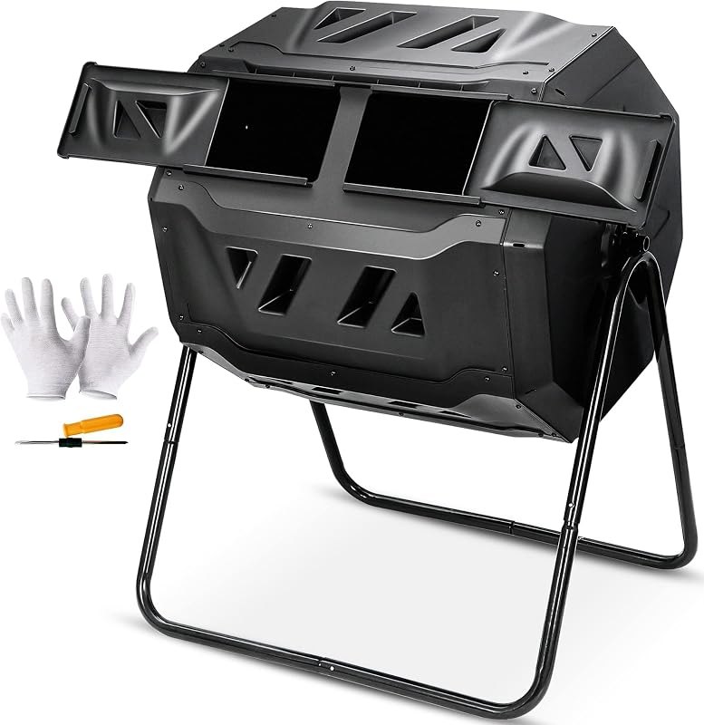 Nova Microdermabrasion 43 Gallon Compost Tumbler Bin Composter Dual Chamber BPA Free Compost Bin Outdoor Rotating