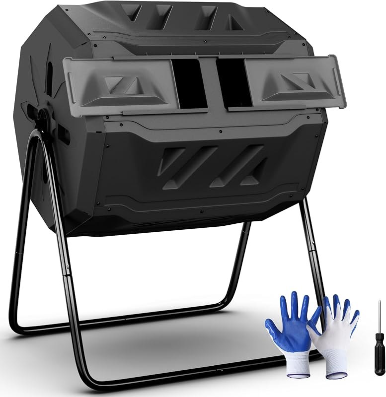 SUPER DEAL Outdoor Compost Tumbler, 43 Gallon Dual Chamber BPA Free Large Compost Bin 360° Rotating Tumbling Composter