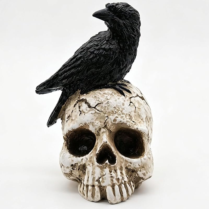 Raven On Skull Halloween Home Decor - Gothic Crow On Skull Statue, Bird Perching On Skeleton Figurine, Macabre Ossuary