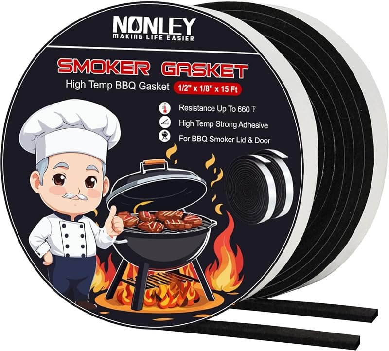 Smoker Gasket Seals, 1/2" x 1/8" 15 ft High Temp Grill Gasket Replacement Self Stick Felt, High Heat BBQ Gaskets Tape