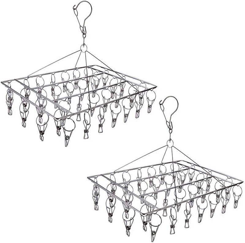 2 Pack Stainless Steel Sock Drying Rack with 72 Clips, Swivel Wind-Proof Hook Clothes Hanger Dryer for Sock