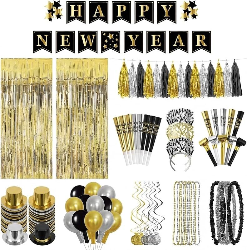 Oojami New Years Eve Party Kit for 25 Guests - Banner, Tassel Garland, Paper Hats, Tiaras, Horns, Squawkers, Blowouts
