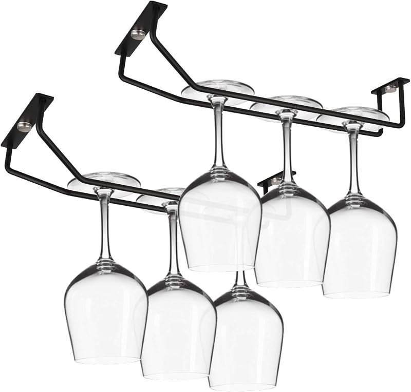 10.8 Inch Black Wine Glass Rack, Under Cabinet Wine Glass Holder, Metal Stemware Rack Hanger for Kitchen Storage (2