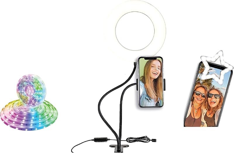 Social Media Video Recording Kit - Heavy Duty Phone Holder and Ring Light Stand, 6ft LED Multi Color RGB Light Strip