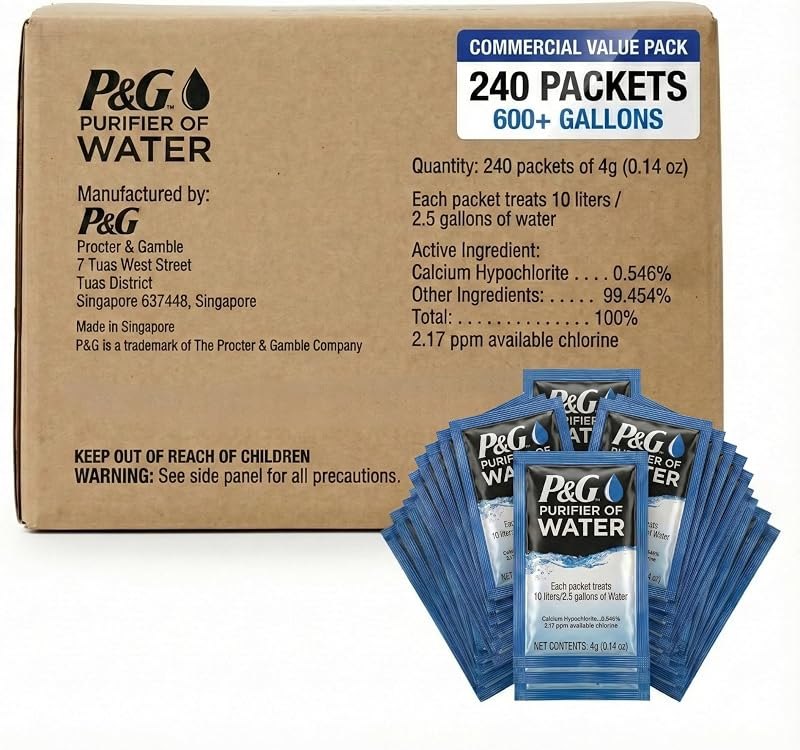 P&G Purifier of Water Portable Water Purifier Packets (240 Packets) - Emergency Water Filter Purification Powder for